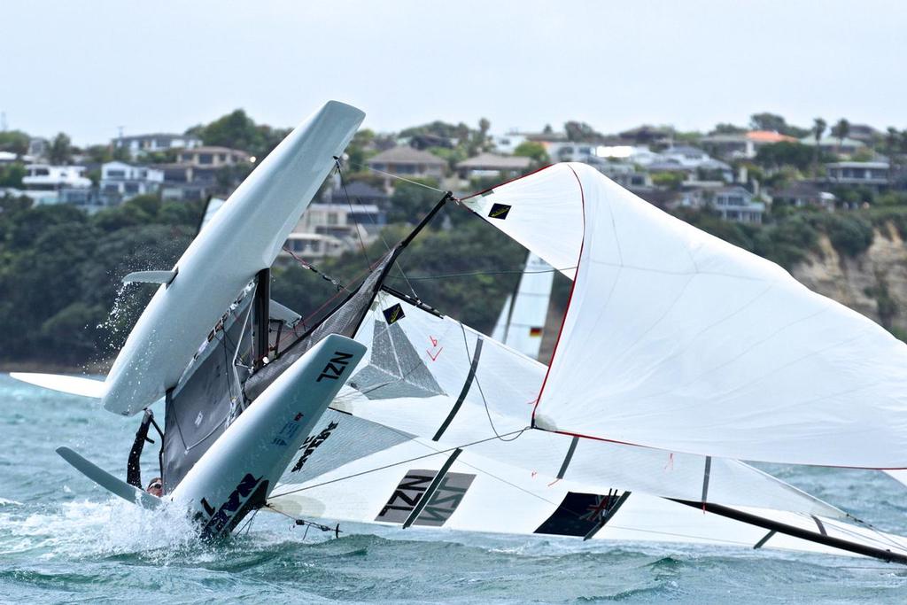 Nacra 15 - NZL capsize when leading - Aon Youth Worlds 2016, Torbay, Auckland, New Zealand © Richard Gladwell www.photosport.co.nz